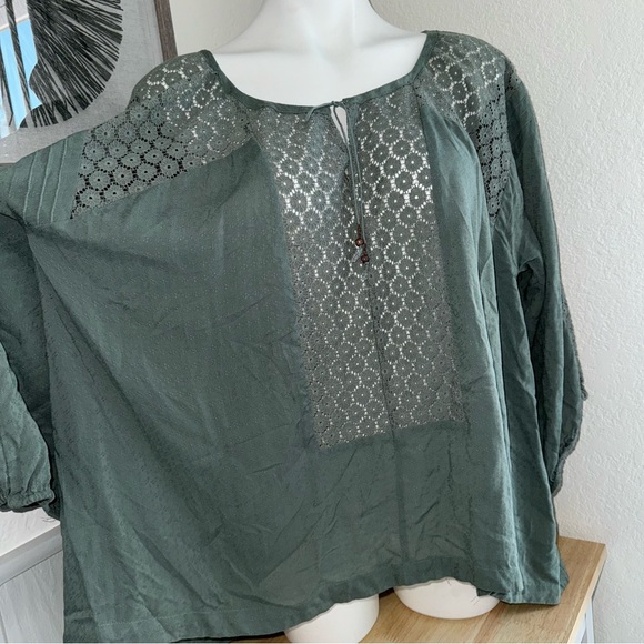 free People M Green Tinic Top Blouse Boho Lagenlook lace Cottage Core Casual - Picture 7 of 10